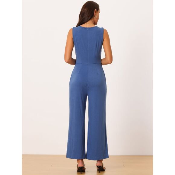 Sleeveless Tie Waist Stretchy Long Pant Romper Jumpsuit with Pockets Blue - Picture 4 of 5